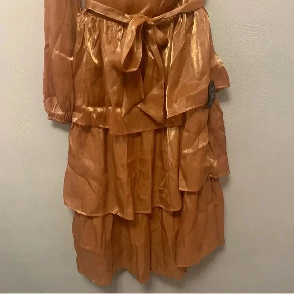Lulus Sweet Excellence Shiny Rust Orange One-Shoulder Tiered Dress Medium NWT - Picture 5 of 15